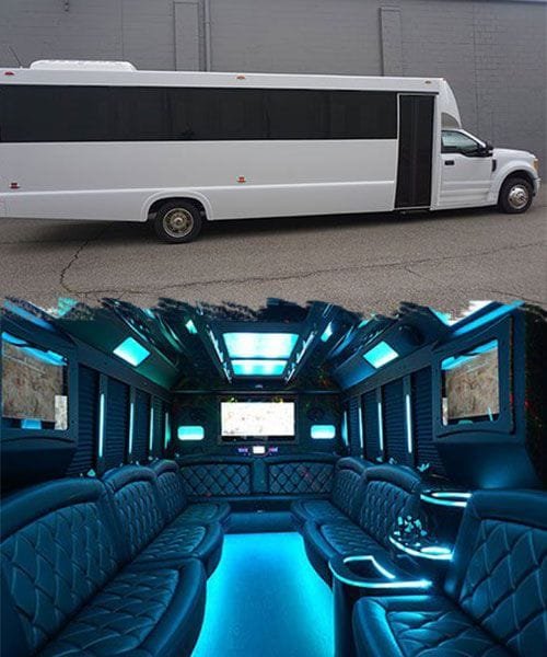 White party bus with glowing blue LED interior